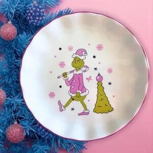 Set of 4 Pink Grinch Christmas Salad Plates 8” Whimsical Holiday Collection